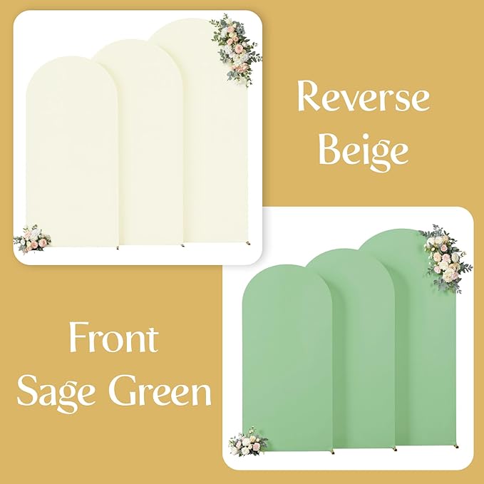 Sage Green Beige Arch Backdrop Cover 8FT 7.2FT 6.6FT Wedding Arch Covers Set of 3 Spandex Fitted Fabric Backdrops Double-Color Arch Covers Stretchy Backdrop for Party Baby Shower Birthday Decoration