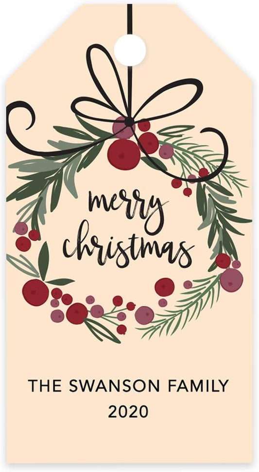 Andaz Press Personalized Christmas Holiday Season Classic Gift Tags, Merry Christmas Wreath Design, Custom Family Name and Year, for Holiday Events, Parties, and Favors, 60-Pack