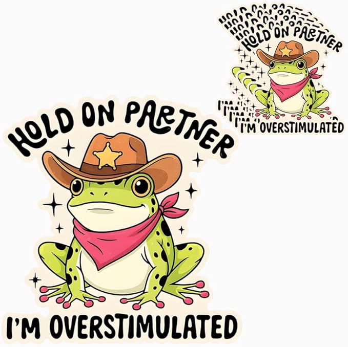 HANDICHI Design 5-Pack 4 Inch Hold On Partner I’m Overstimulated Stickers – Funny Meme Vinyl Decals for Water Bottles, Laptops, Journals, Scrapbooks – Sarcastic Gift for Frog Lovers