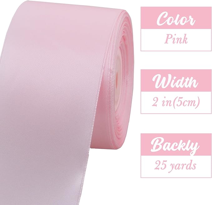 TONIFUL 2 in x 25 Yds Wide Light Baby Pink Satin Ribbon Solid Fabric Ribbons Roll for Crafts Chair Sash Valentine's Day Gift Wrapping Invitation Cards Floral Hair Bows Sewing Party Wedding Decoration