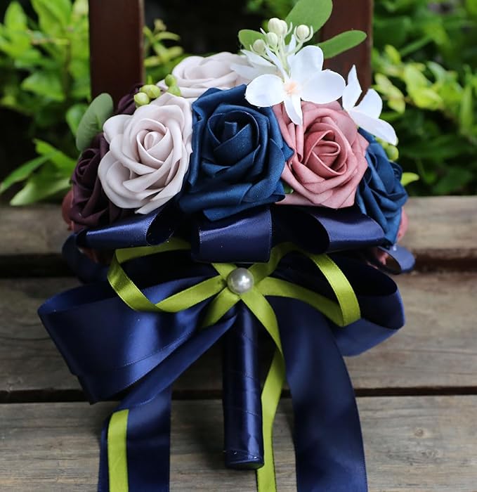 Lightweight Bridal Wedding Bouquet Round Holding Bouquet Throw Toss Artificial Rose Flower Bunch for Bride Bridesmaid Wedding Quinceanera (Navy, Smoky Rose, Light Taro & Dark Puce, 9.1")