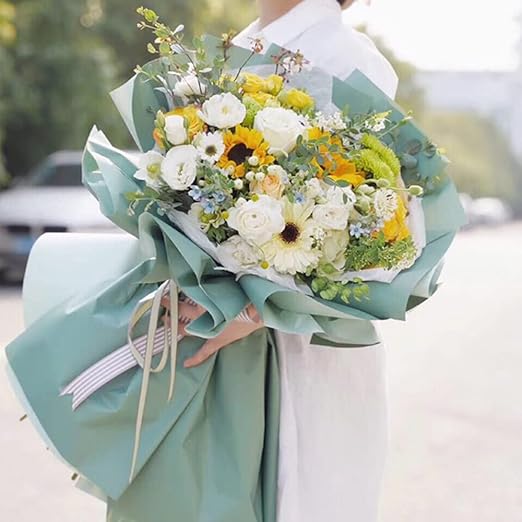BBJ WRAPS Double Color Flower Wrapping Paper Waterproof Florist Bouquet Packaging Wraps 20 Sheets 23.6x23.6 Inch (Cadet Blue)