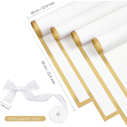 Jutieuo 20 Sheets White Flower Wrapping Paper, Waterproof Floral Wrap Gold Edge Bouquet Wrapping Paper Florist Supplies (22.8 x 22.8 inch)