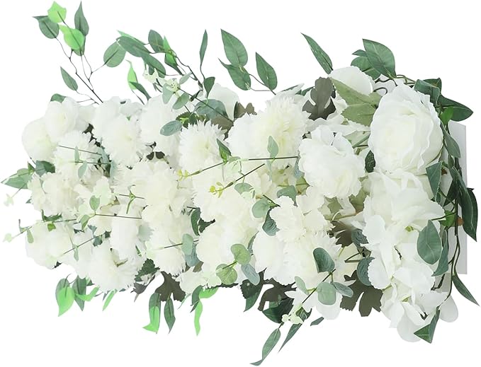 TFCFL Artificial Flowers Row, 39.5" X 12" Wedding Arch Faux Floral Swags, 3D Flower Panels Arrangement, DIY Wall Backdrop for Wedding Party Table Runner Decoration (White)
