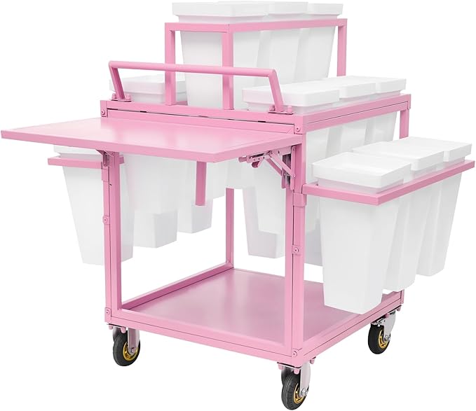 6-Tier Flower Display Stand Indoor Movable Flower Stand with 18 Buckets Plants Display Rack Cart with Wheels Metal Florist Bouquet Stand for Florist Patio Garden,23.62 * 23.62 * 36.61in (Pink)