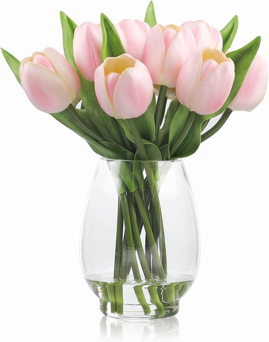 WELL KNOWN 12 Pcs Tulips Artificial Flowers in Vase, Real Touch Tulips with Vase with Upgrate Acrylic Water Flower Arrangements Centerpiece for Dining Room Table Decoration（Pink）