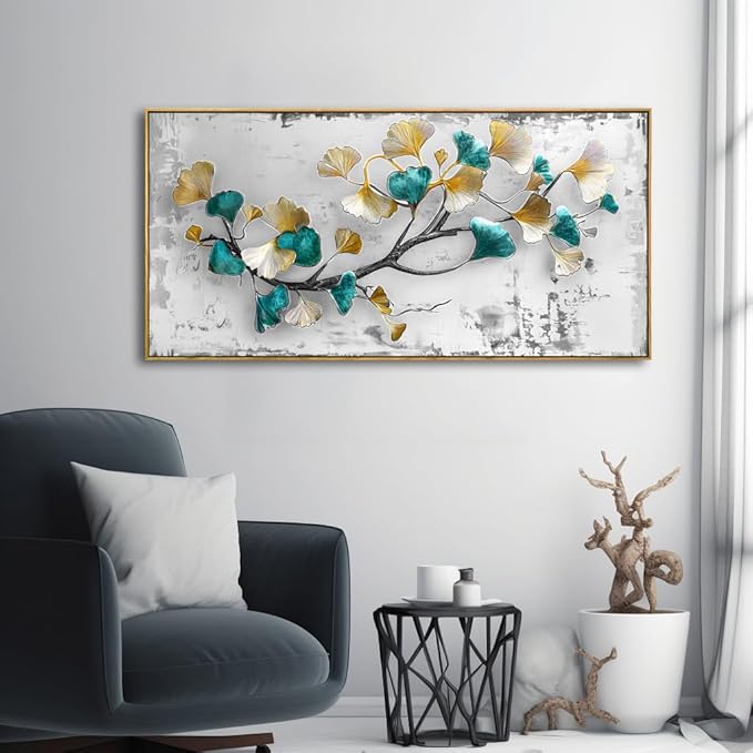 Wall Art Ginkgo Leaf Modern Botanical Artwork Canvas Painting for Living Room Bedroom Dining Room Home Office Decor 24"x48" with Framed