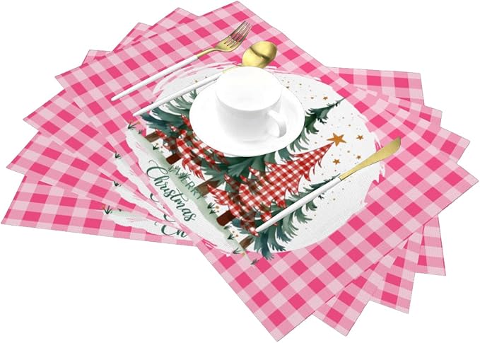 PVC Placemats Set of 1 Wipeable Table Mats Washable Heat Resistant Non Slip Vinyl Dining Table Mat for Kitchen Indoor Outdoor Patio Farmhouse Place Mats Pink Grid Christmas Tree Decorative