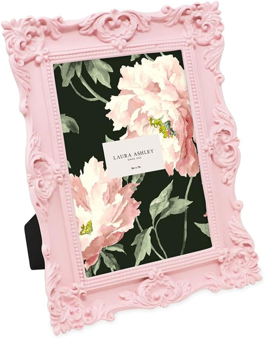 Laura Ashley 5x7 Pink Ornate Textured Hand-Crafted Resin Picture Frame with Easel & Hook for Tabletop & Wall Display, Decorative Floral Design Home Décor, Photo Gallery, Art, More (5x7, Pink)