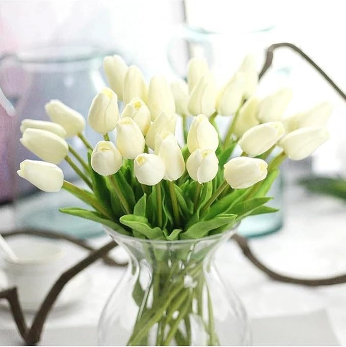 Artificial Tulips Flowers Real Touch Tulips Holland PU Bouquet Latex Flower White for Wedding Party Office Home Kitchen Decoration 30pcs (White)