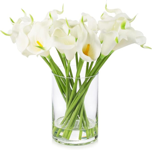 ENOVA HOME 20 Pieces Artificial Real Touch Lilies Flower Arrangement in Glass Vase with Faux Water for Home Decoration (White)
