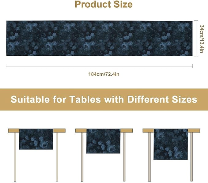Gothic Floral Table Runner, Retro Dark Blue Flower Garden Witchy Rose Print Coffee Table Center Decor for Home Kitchen Dining Patio Holiday Party Indoor Outdoor Table Decorations 13x108 inches