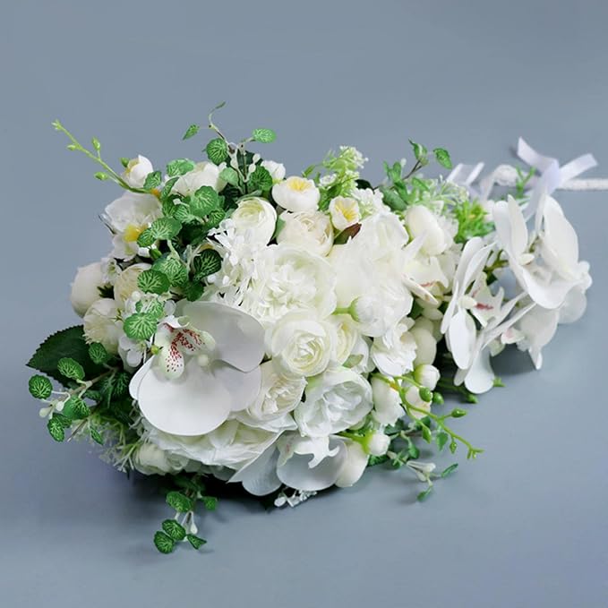 Wedding Cascading Bridal Bouquet, White Phalaenopsis Water Drop Waterfall Bridal Bouquet Artificial Flowers Roses Bride Bouquet for Wedding Party Bridal Shower Church Home Decoration