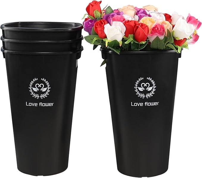 4-Pack 16 Inch Plastic Flower Buckets for Flower Bar, Plastic Vases Flower Display Buckets, Black