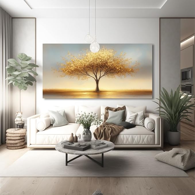 LAVIKARS Modern Tree of Life Wall Art for Living Room Office Golden Sunset Abstract Landscape Canvas Painting Prints Large Nature Artwork Home Kitchen Bedroom Decor (28x58 Inches)