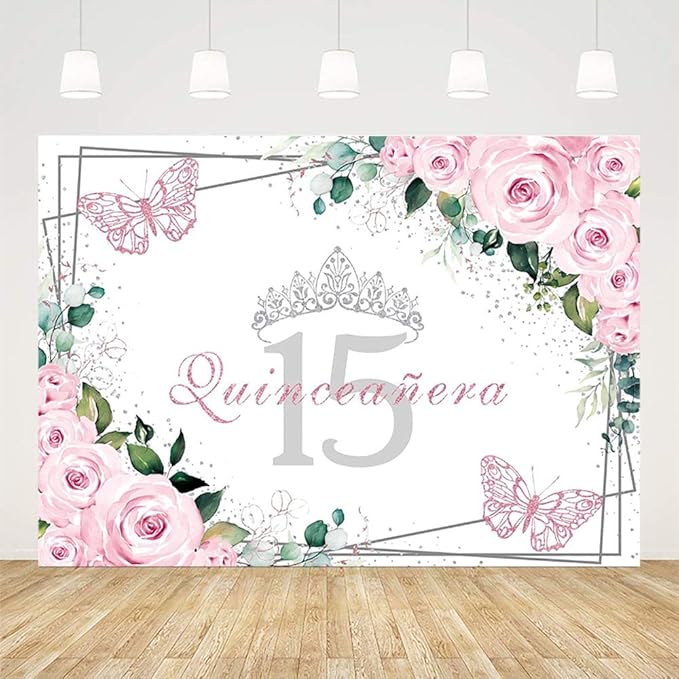 Sendy 7x5ft Quinceañera Backdrop Mis Quince 15 Anos Birthday Party Decorations Supplies for Girl Princess Pink Floral Butterfly Silver Crown Photography Background Banner Photo Booth Studio Props