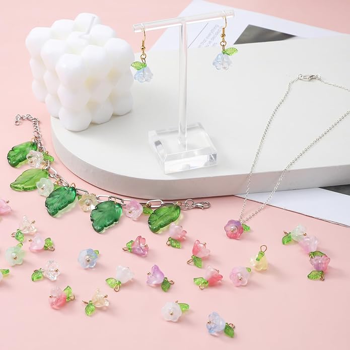 60Pcs Glass Flower Charms for Jewelry Making, Crystal Glass Floral Pendants Gold Floral Beads Charms Transparent Blooming Rose Dangle Charm for Jewelry Making Bracelet Earring Necklace Craft