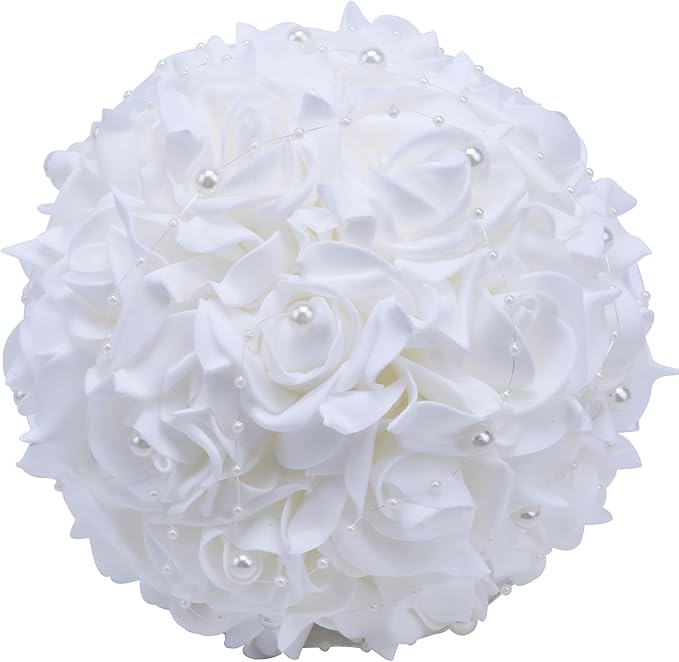 Wedding Bouquets for Brides or Bridesmaids Pearl Embellishment Roses Bridal Bridesmaid Wedding Hand Bouquet Artificial Fake Flowers.(White)
