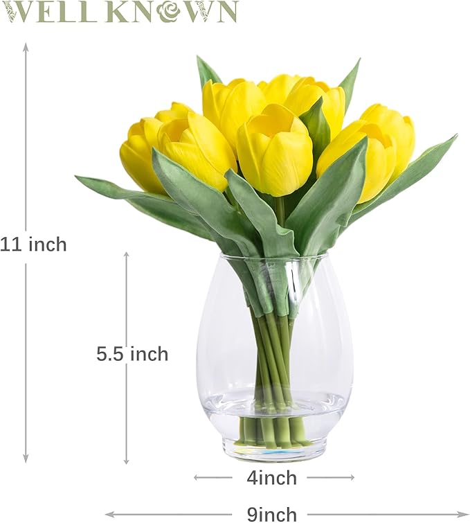WELL KNOWN 12 Pcs Fake Big Tulips Artificial Flowers in Vase with Faux Water, Real Touch Foam Yellow Flower Arrangement with Glass Vase for Home Wedding Party Decor Dining Table Centerpiece & Gift