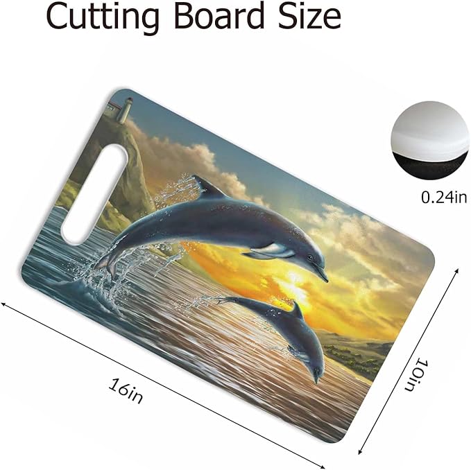 Dolphins Cutting Board with Handles Dolphins Jumping Sea Over A Beautiful Sunset Cutting Boards Plastic Safe Chopping Board for Kitchen 16" x 10" x 0.24"
