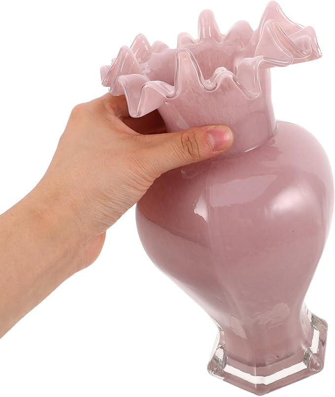 Luxshiny Handblown Glass Vase with Pearlescent Finish Artistic Ripple Mouth Design Sturdy Glass Hydroponic Flower Vase for Home Decoration Living Office Centerpiece Wedding Table Decor in