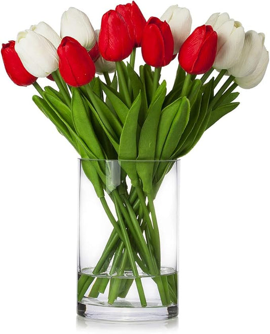 ENOVA HOME 20 Pieces Artificial Real Touch Tulips Flower Arrangement in Glass Vase with Faux Water for Home Decoration (White Red)