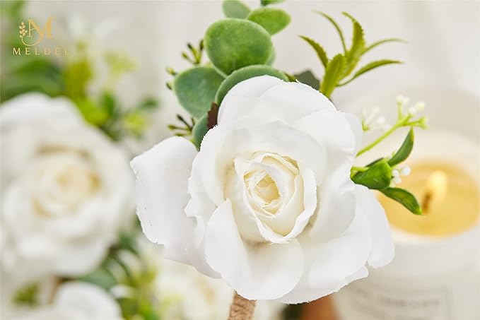 Meldel White Corsage and Boutonniere Set, Ivory Boutonniere, Prom Flower Wrist Corsage Bracelets, Homecoming Corsage Wristlet, Men Boutonniere for Wedding Flowers Accessories Prom Suit Decorations