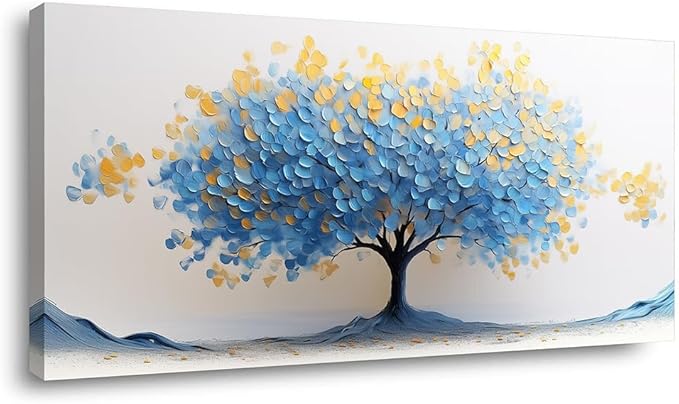 LAVIKARS Modern Tree of Life Wall Art for Living Room Office Navy Blue and Yellow Floral Abstract Landscape Canvas Painting Prints Large Nature Artwork Home Kitchen Bedroom Decor (16x30 Inches)