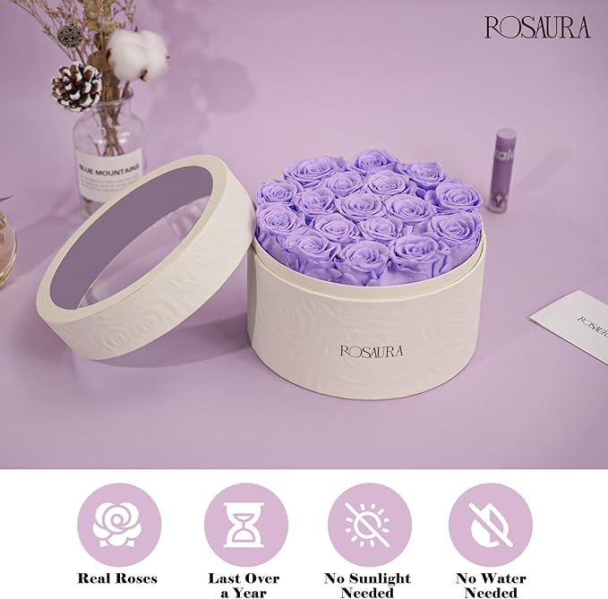 Rosaura Round Preserved Roses Gift Box - Real Forever Flowers for Birthday, Valentine's & Mother's Day (Light Purple, 17 Roses)
