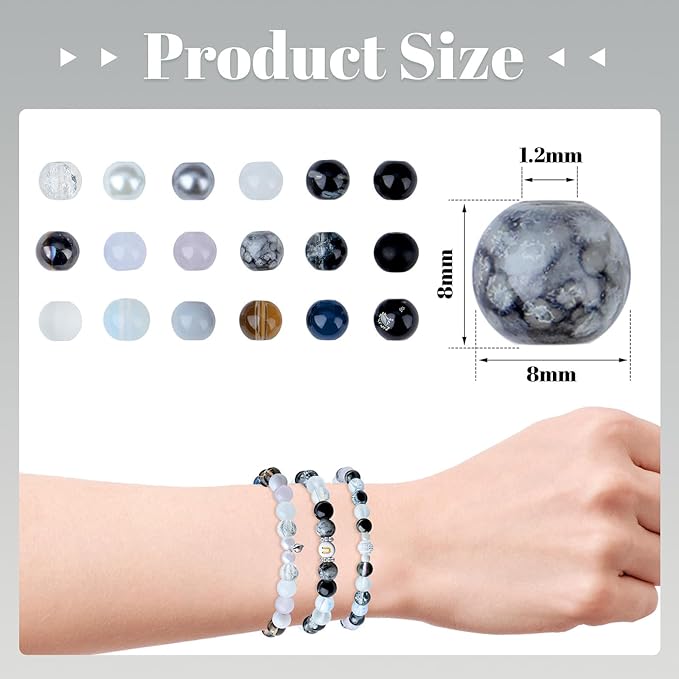 DUQGUHO 8mm Black Beads for Jewelry Making Black Glass Beads for Bracelets Necklaces DIY Crafts Glass Round Beads Black and White Beads Kit 360PCS