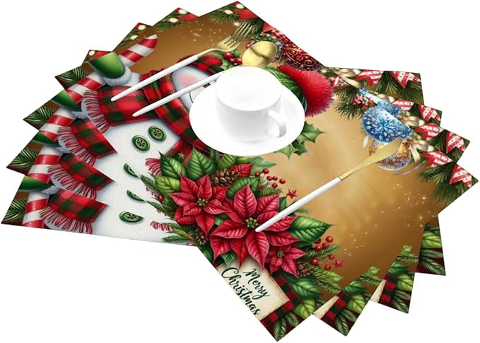 PVC Placemats Set of 4 Wipeable Table Mats Washable Heat Resistant Non Slip Vinyl Dining Table Mat for Kitchen Indoor Outdoor Patio Farmhouse Place Mats Christmas Ball Poinsettia Snowman Decorative