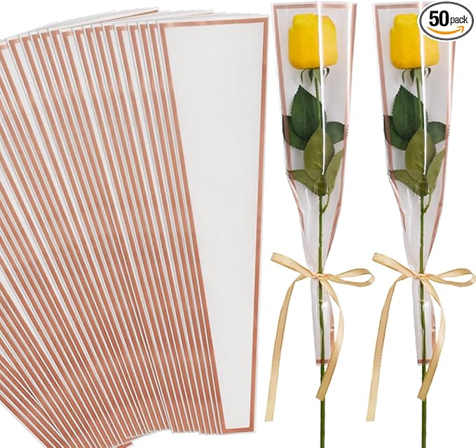 BEISHIDA 50 PCS Single Rose Sleeve Bouquet Bags Plastic Single Flower Wrapping Rose Packaging For Father's Day Graduation Wedding Birthday Valentine's Day Party (White with Champagne Edging)