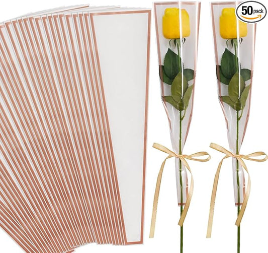 BEISHIDA 50 PCS Single Rose Sleeve Bouquet Bags Plastic Single Flower Wrapping Rose Packaging For Father's Day Graduation Wedding Birthday Valentine's Day Party (White with Champagne Edging)