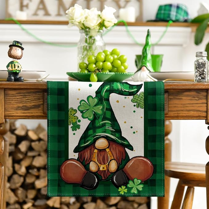 Artoid Mode Shamrock Buffalo Plaid Gnomes Lucky St. Patrick's Day Table Runner, Kitchen Dining Table Decor for Outdoor Home Party Decor 13 x 72 Inch