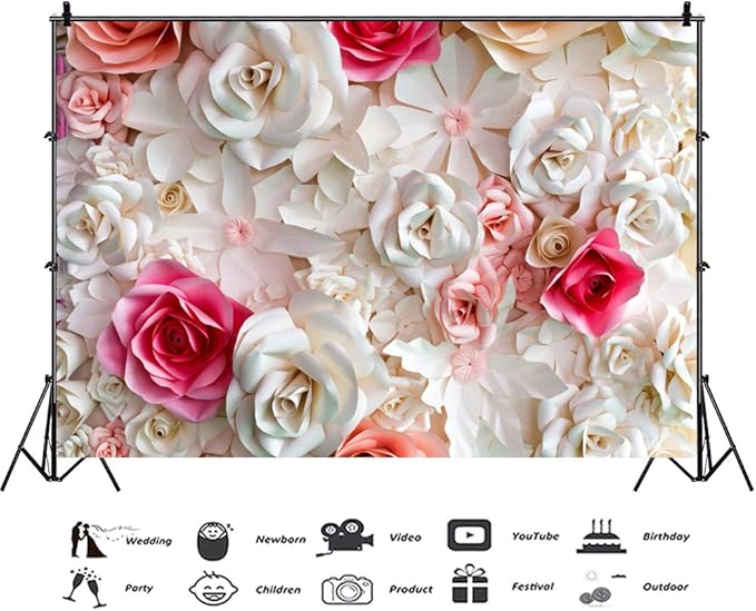 Baocicco 10x6.5ft Pink and White Paper Flowers Background Photography Backdrop Paper Flower Wall Gorgeous Wedding Flower Backdrops Beautiful Bride Baby Newborn Kids Background Props Portraits Booth