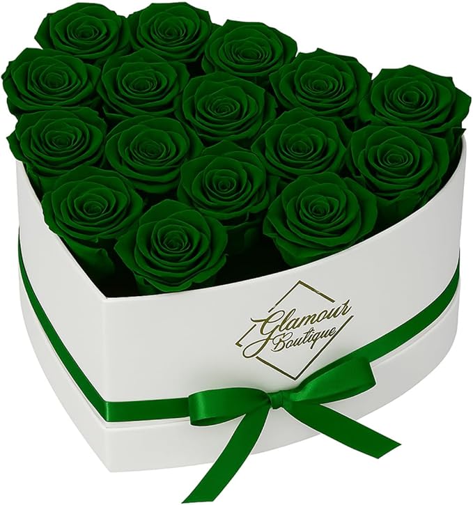 GLAMOUR BOUTIQUE Preserved Roses in a Box - Gifts for Her, Wife & Mom, Rose Flowers Forever Decor for Birthday Gift, Get Well Flower Bouquet Cased in White Box with Cover - Green - 16-Piece