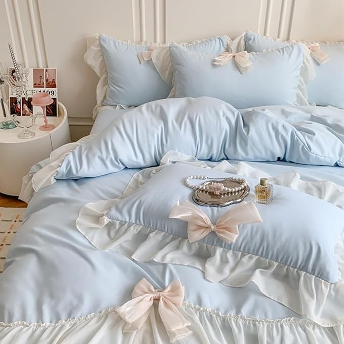 Chic Lace Bedding,Girls Twin Aesthetic Comforter Cover Set,Romantic French Princess Style Ruffled Duvet Cover with Lovely Bow with Zipper Closure-Blue,Twin