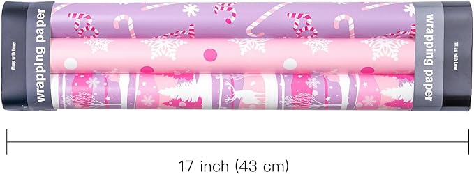 WRAPAHOLIC Christmas Wrapping Paper Roll - Mini Roll - 3 Rolls - 17 Inch X 120 Inch Per Roll - Pastel Pink and Purple Reindeer, Candy Cane with JOY, Snowflake Holiday Collection