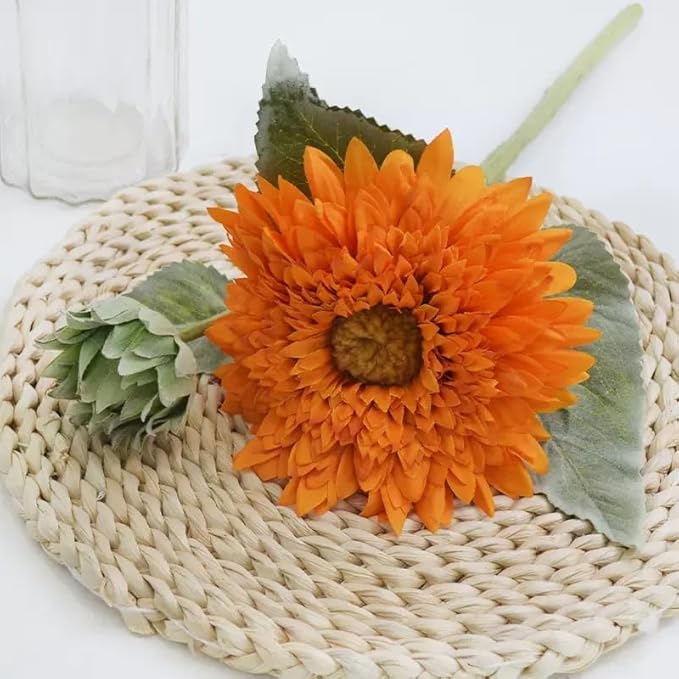 Kimura's Cabin 5Pcs Fake Sunflowers Artificial Silk Flowers Bouquet Long Stems Faux Sunflower Real Touch Chrysanthemum for Wedding Home Garden Birthday Party Indoor Decor(Orange)