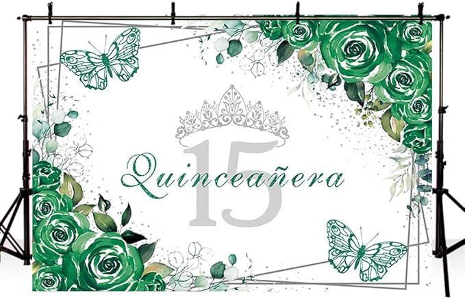 Sendy 7x5ft Quinceañera Backdrop Mis Quince 15 Anos Birthday Party Decorations Supplies for Girl Princess Green Floral Butterfly Silver Crown Photography Background Banner Photo Booth Studio Props