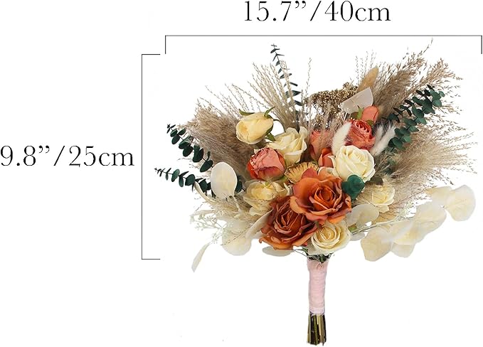 Rinlong 15.7" Wide Fall Wedding Bouquets for Bride Burnt Orange Dried Flowers Pampas Bridal Bouquet for Wedding Boho Terracotta Bouquets