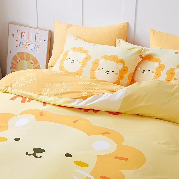 SAPHREAS Cartoon Lion Printed Kids Duvet Cover Set 4pcs with Fitted Sheet Queen Size Yellow Animal Pattern Cotton Children Comforter Cover Set, Comforter Not Included