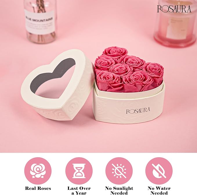 Rosaura Heart-Shaped Preserved Roses Gift Box - Real Forever Flowers for Christmas, Birthday, Valentine's & Mother's Day (Pink, 7 Roses)