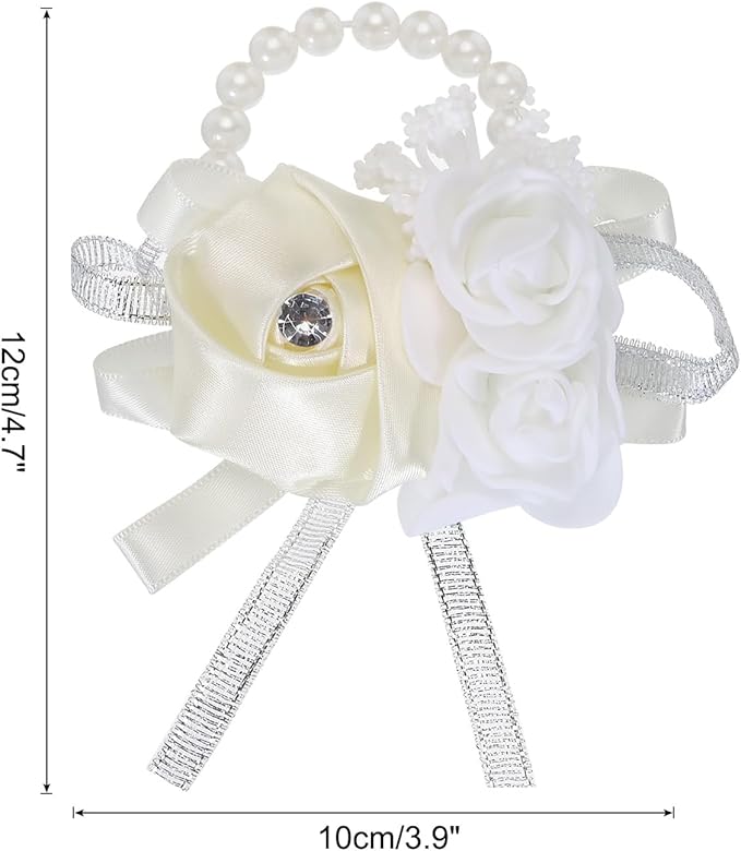 MECCANIXITY Wrist Corsage Artificial Flower Bracelets Rose Wrist Bride Groom Decorative for Wedding Ceremony Prom Party Anniversary Cream