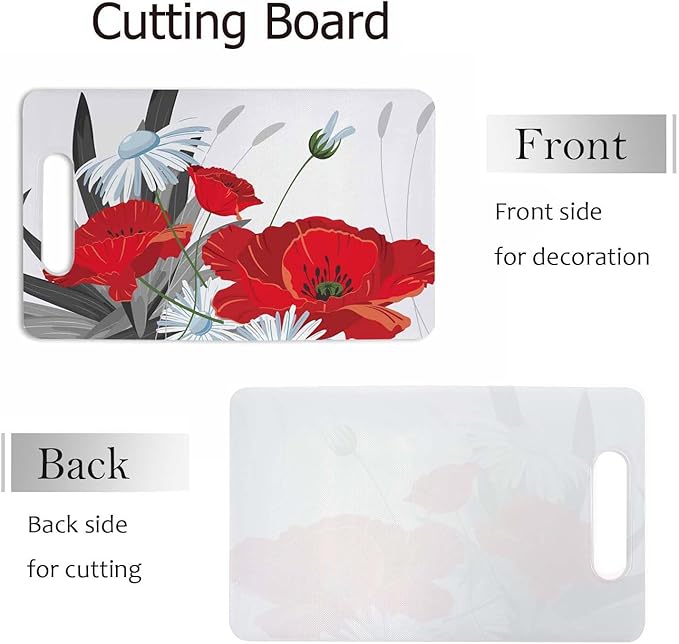 Flowers And Leaves Cutting Boards Red White Summer Cutting Boards Kitchen Chopping Board with Handles Non Slip Plastic 16 x 10 x 0.24 Inch