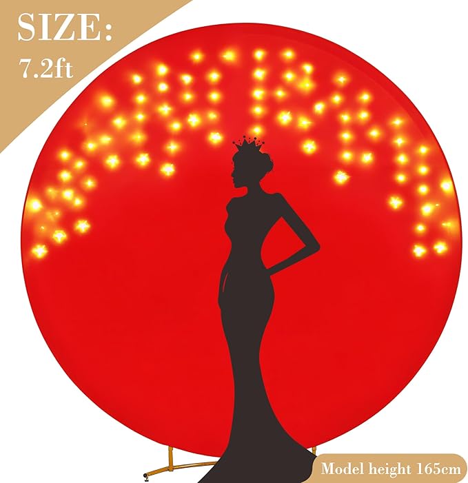 7.2 FT Red Round Backdrop Cover with Lights String for Circle Arch Stand Circle Backdrop Covers with LED Fairy Lights for Wedding Arch Baby Shower Birthday Party Photo Shoot Photography Background