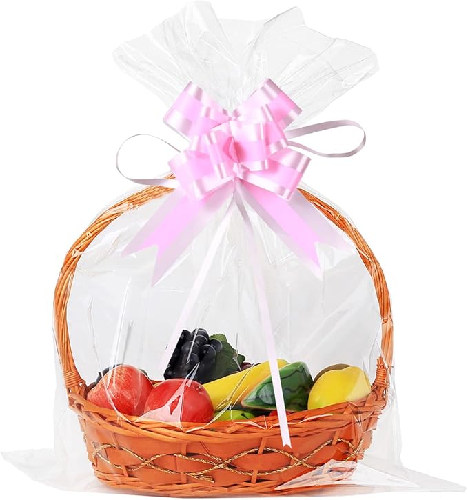UltraOutlet 50 Packs Large Cellophane Bags 18" x 24" Clear Cellophane Gift Basket Wraps 2.3 Mil Thick TransparentCello Bags for Fruit Basket, Gift Wrap, Treats, Arts and Crafts, 50ct Ribbon Bows