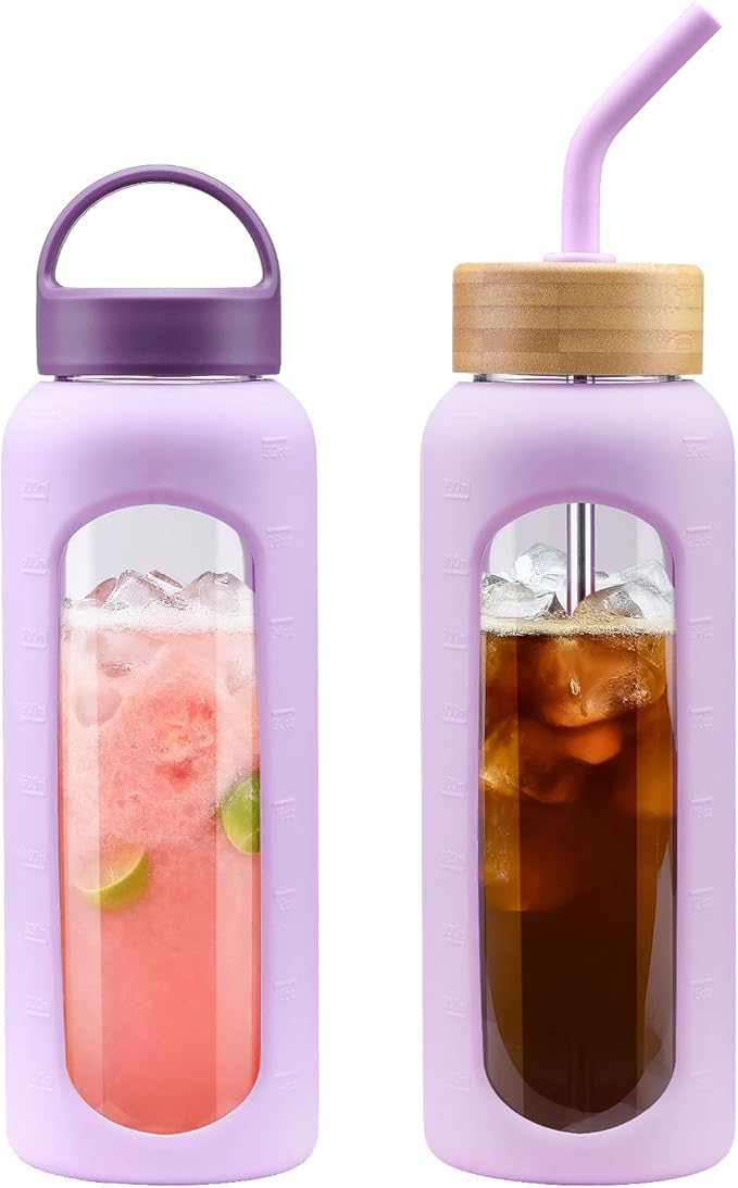 32 oz Glass Water Bottle, 1 Liter Glass Tumbler with Straw, Reusable Drinking Bottles with 2 Lids-Handle Lid&Bamboo Straw Lid, Silicone Sleeve, for Sports, Home,1 Pack-Purple