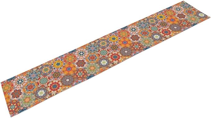 Boho Table Runner, Orange Geometric Mandala Flower Fall Farmhouse Decor Table Runner for Kitchen Dining Party Home Decoration, 13x70 Inch