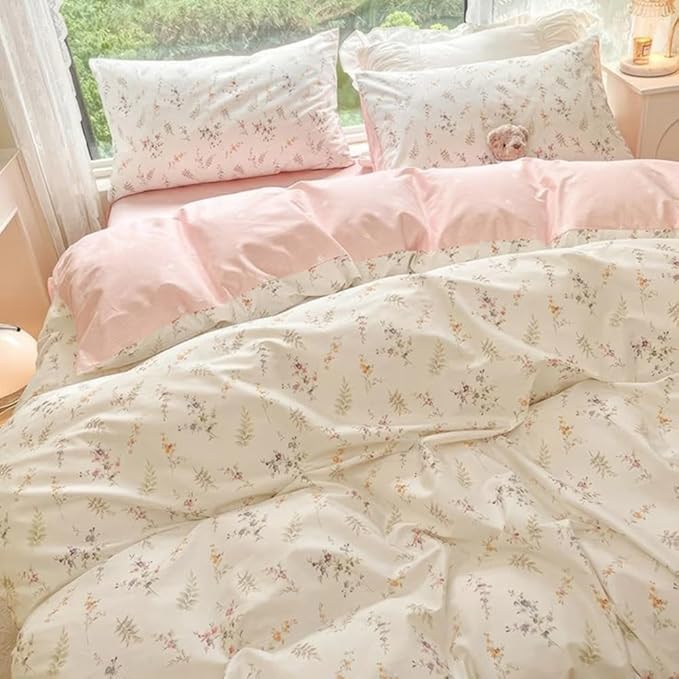 Nayoroom Pink Floral Duvet Cover Queen Size Green Botanical Leaf Printed on White Reversible Coquette Bedding Set 3 Pcs Soft Microfiber Spring Cottagecore Comforter Cover with Zipper Closure